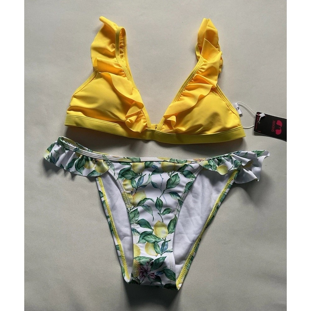 SHEKINI Womens M Yellow Ruffe Lemon‎ Flounce Low Rise 2pc Sexy BIKINI Swimsuit